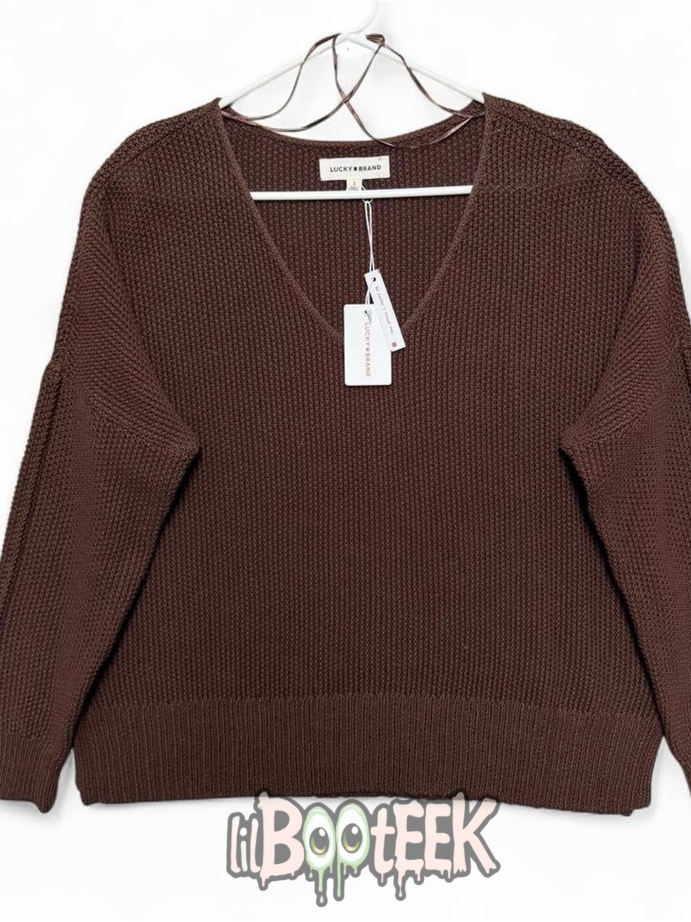Lucky Brand Deep Brown V-Neck Waffle Knit Sweater